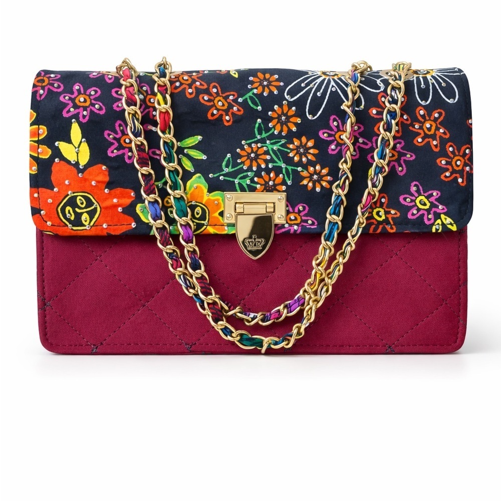 Quilted Floral Flap Shoulder Bag in Burgundy and Multicolor